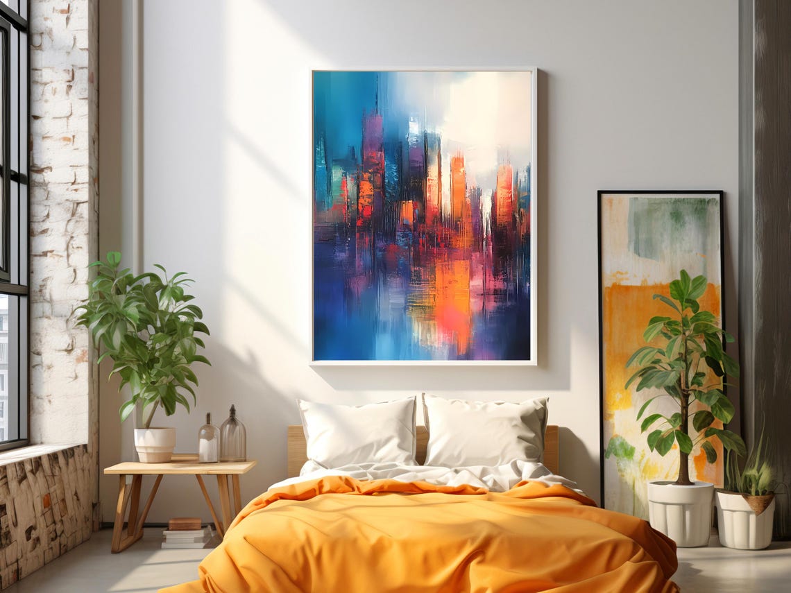 Blue Orange Abstract Vertical Cityscape Modern Skyscraper Poster