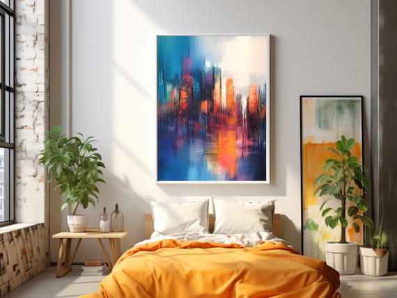Blue Orange Abstract Vertical Cityscape Modern Skyscraper Poster