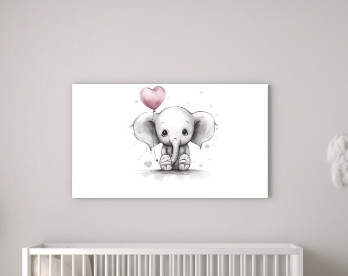 Baby Elephant Holding Pink Heart Balloon Nursery Watercolor Poster