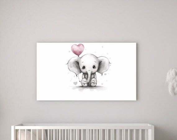 Baby Elephant Holding Pink Heart Balloon Nursery Watercolor Poster