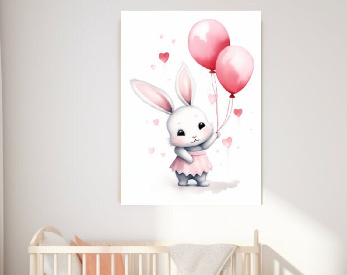 Cute Baby Bunny In Pink Skirt With Balloons Nursery Art Poster