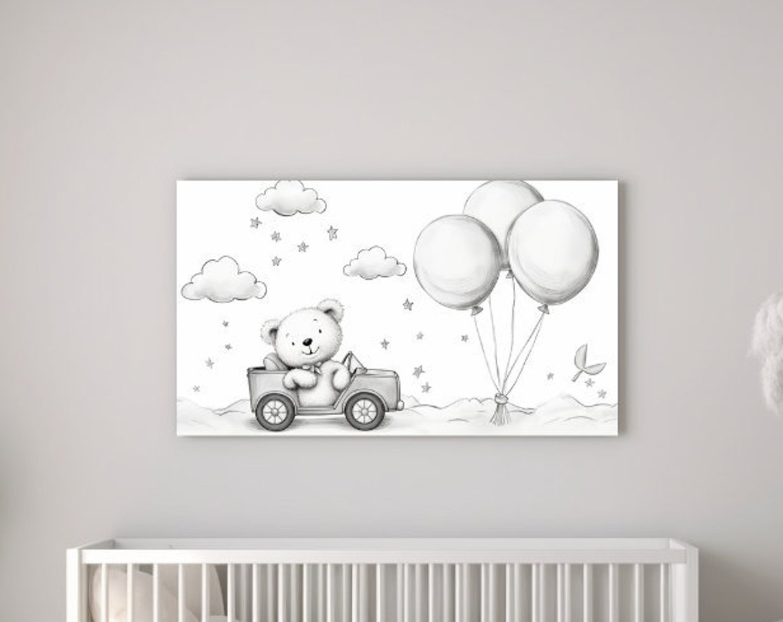 Teddy Bear In Car With Big Balloons Cute Nursery Wall Art Poster