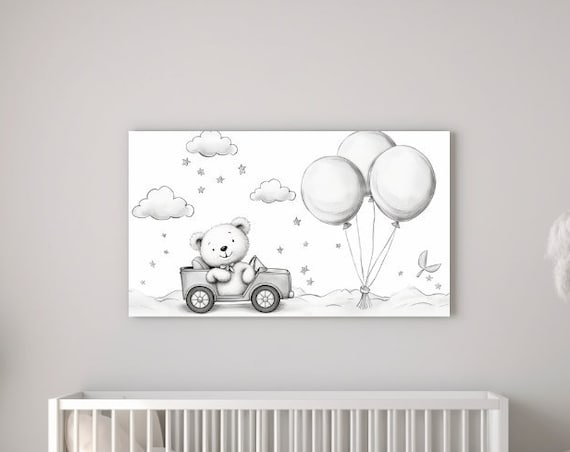 Teddy Bear In Car With Big Balloons Cute Nursery Wall Art Poster