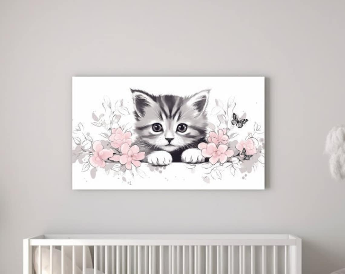 Peeking Kitten with Pink Flowers and Butterflies Nursery Poster