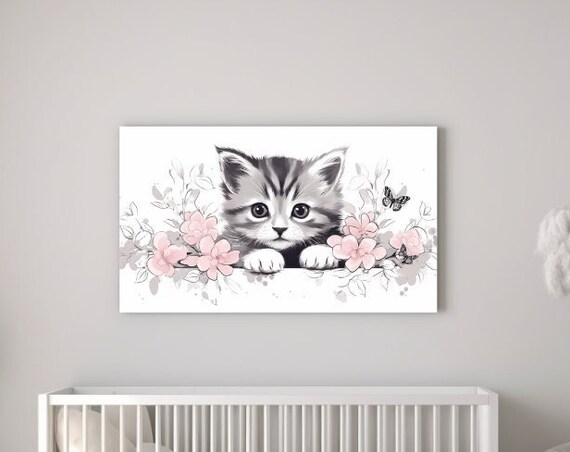 Peeking Kitten with Pink Flowers and Butterflies Nursery Poster
