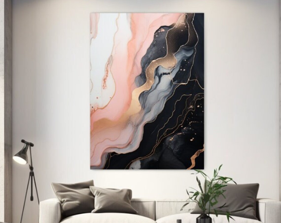 Rose Gold Marble Abstract Black Pink Gold Swirl Wall Art Poster