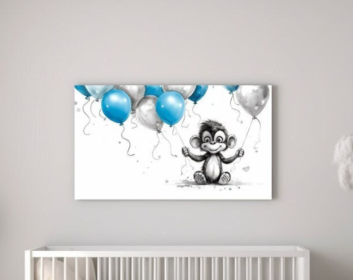 Playful Happy Monkey Holding Blue Silver Balloons Kids Room Poster