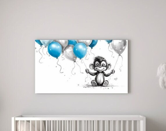Playful Happy Monkey Holding Blue Silver Balloons Kids Room Poster