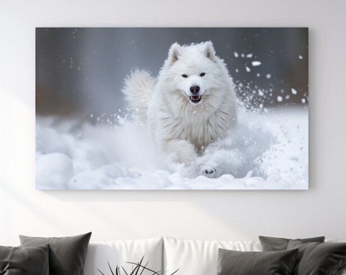 Happy Samoyed Running Through Fresh Snow Winter Dog Wall Art