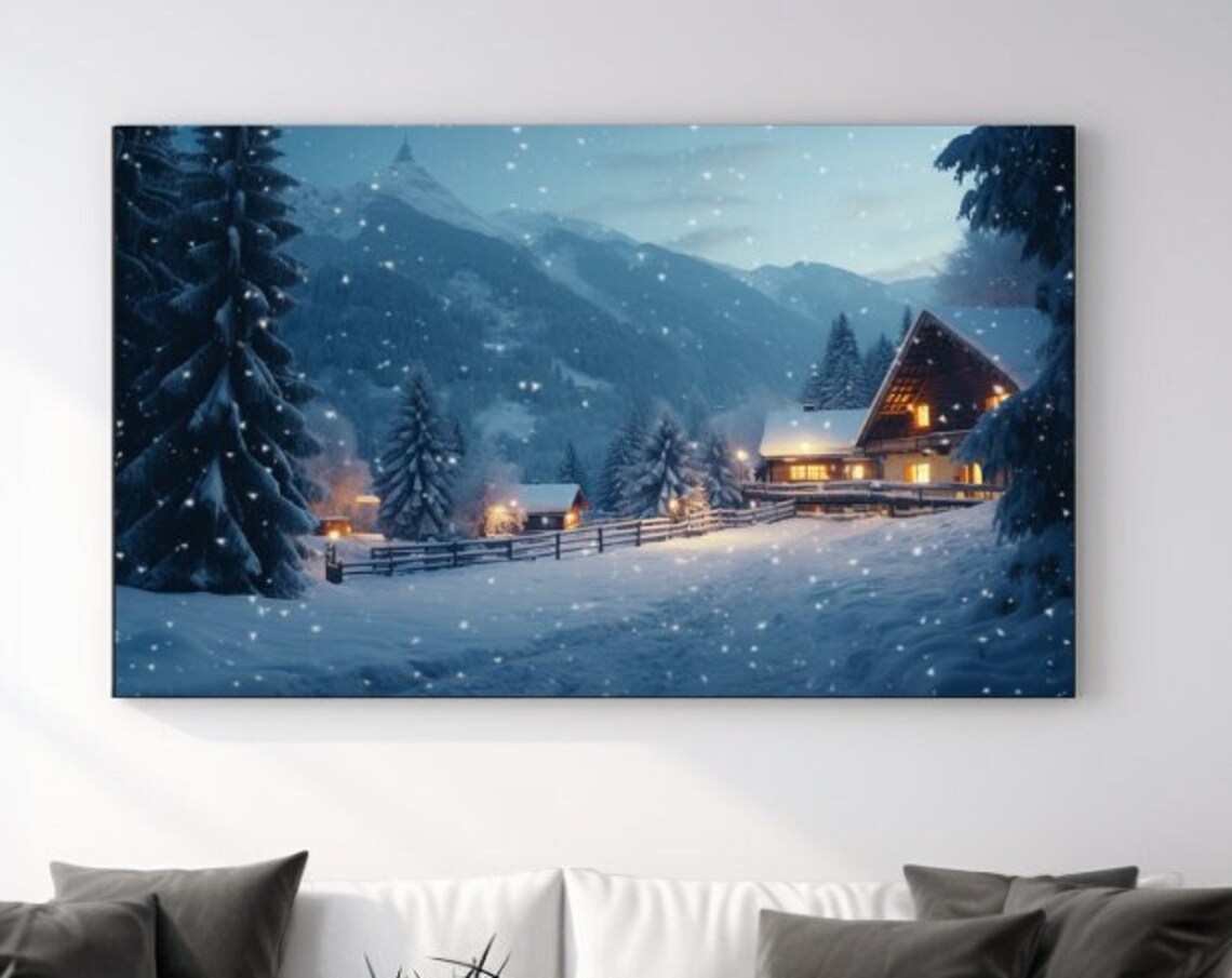 Cozy Lit Chalet in Snowy Alpine Village Night Snowfall Poster
