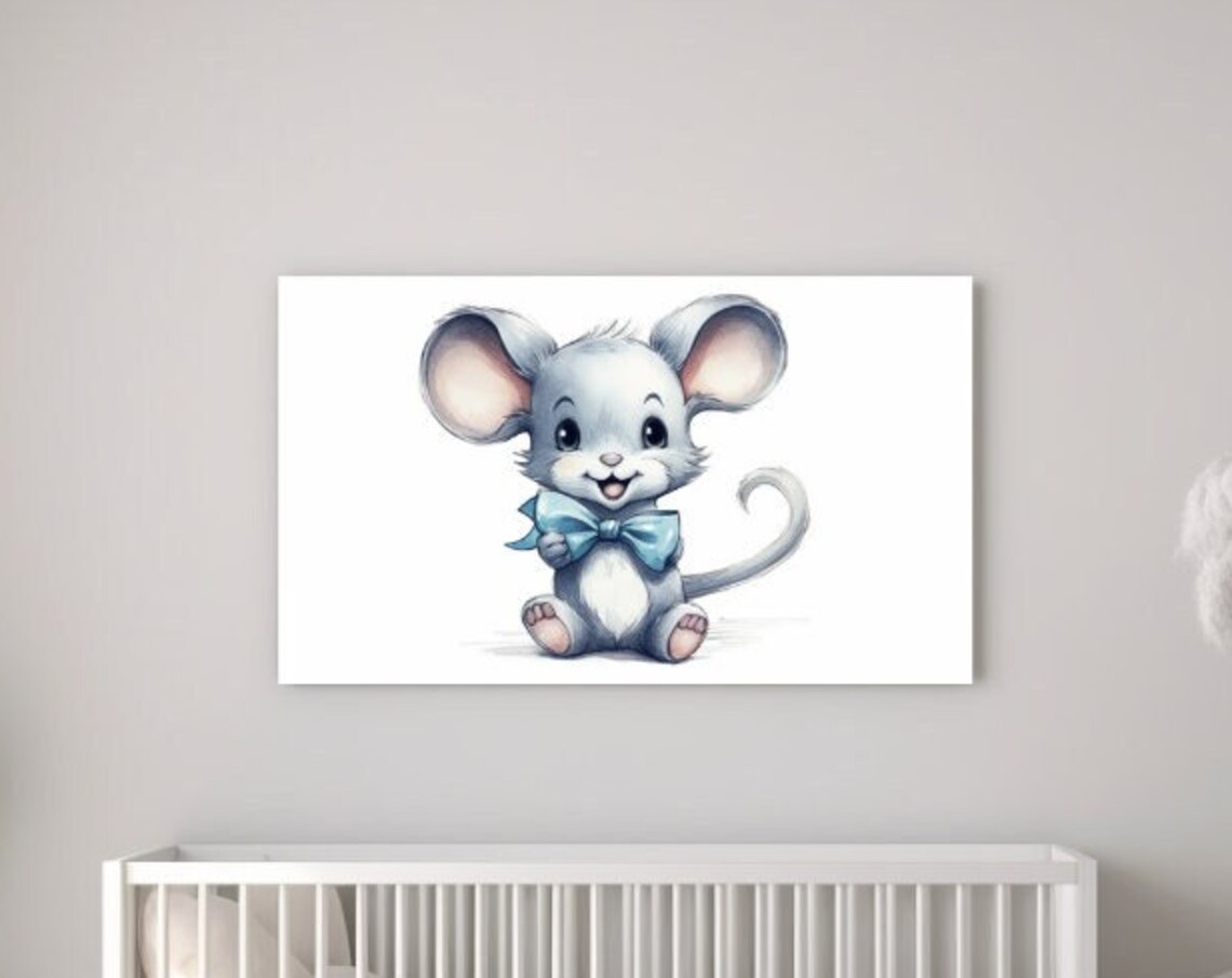 Happy Baby Mouse Blue Bow Watercolor Nursery Boys Room Wall Art Print