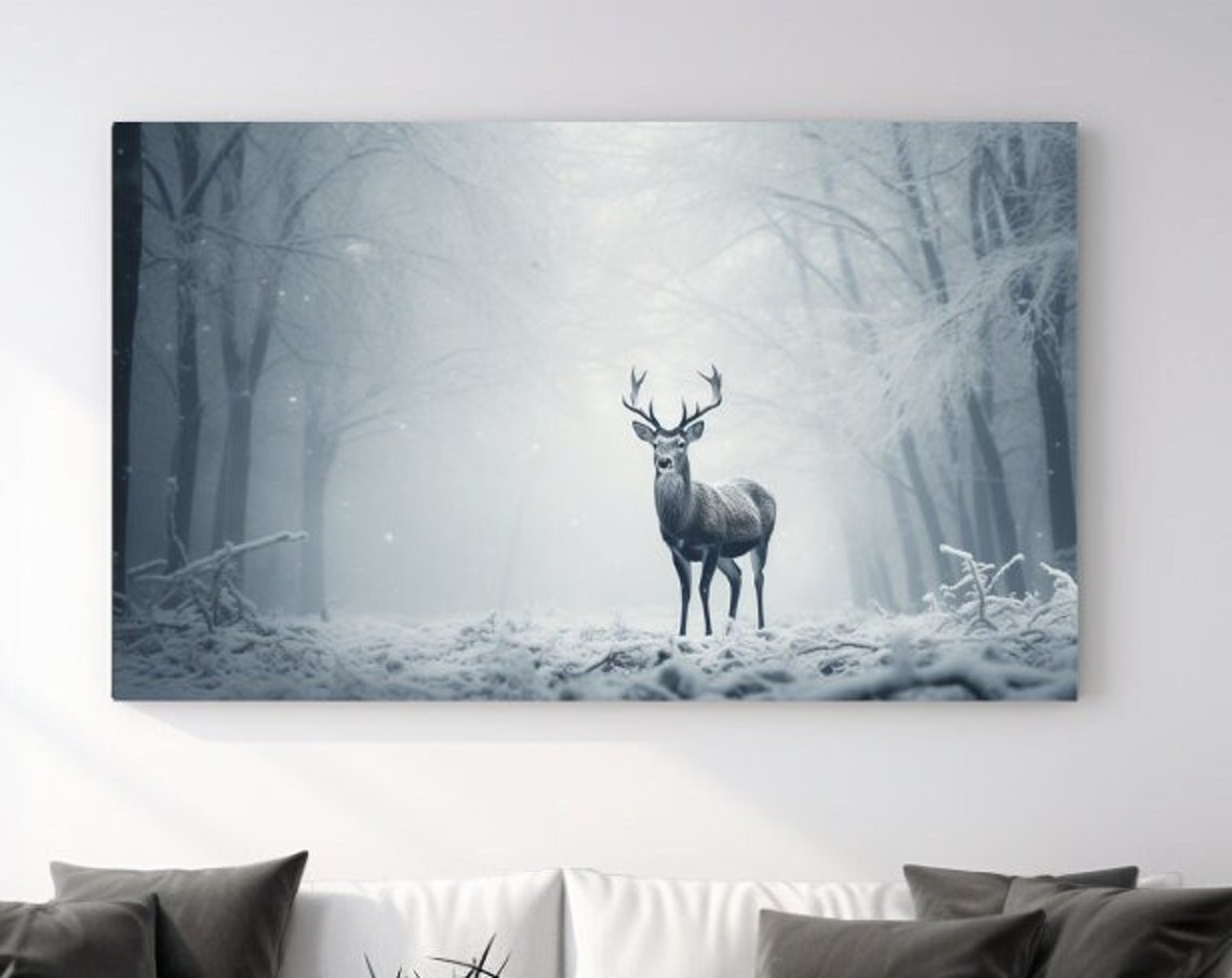 Majestic Antlered Stag in Cold Misty Snowy Winter Forest Print