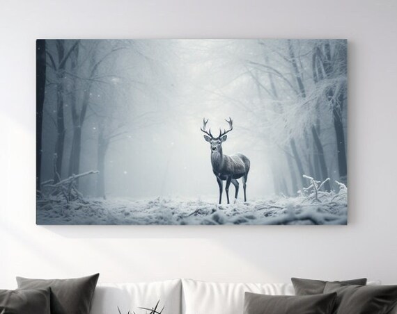 Majestic Antlered Stag in Cold Misty Snowy Winter Forest Print