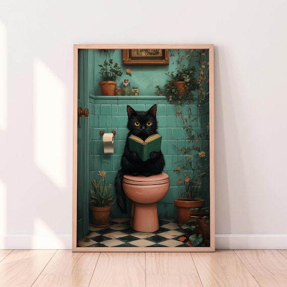 Black Cat Reading Book on Toilet in Teal Tiled Bathroom Humor Poster