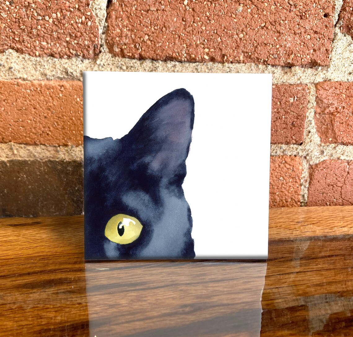 Black Cat Quarter Face Decorative Ceramic Tile