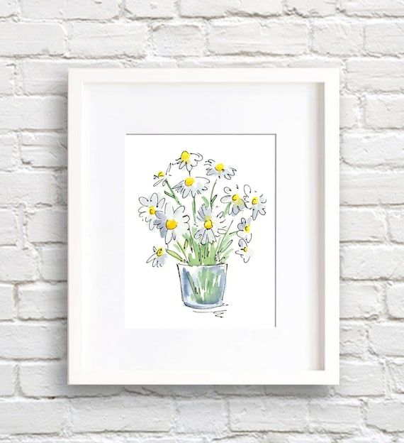 Daisies Watercolor Floral Art Print, Botanical Decor