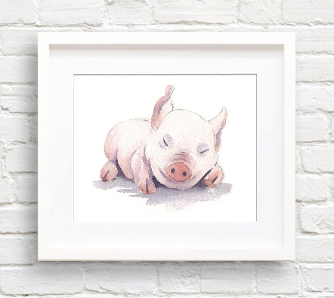 Sleeping Pink Piglet Watercolor Nursery Baby Animal Decor Poster