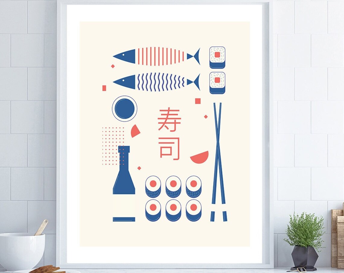 Sushi Japanese Food Blue Red Scandi Minimalist Kitchen Print