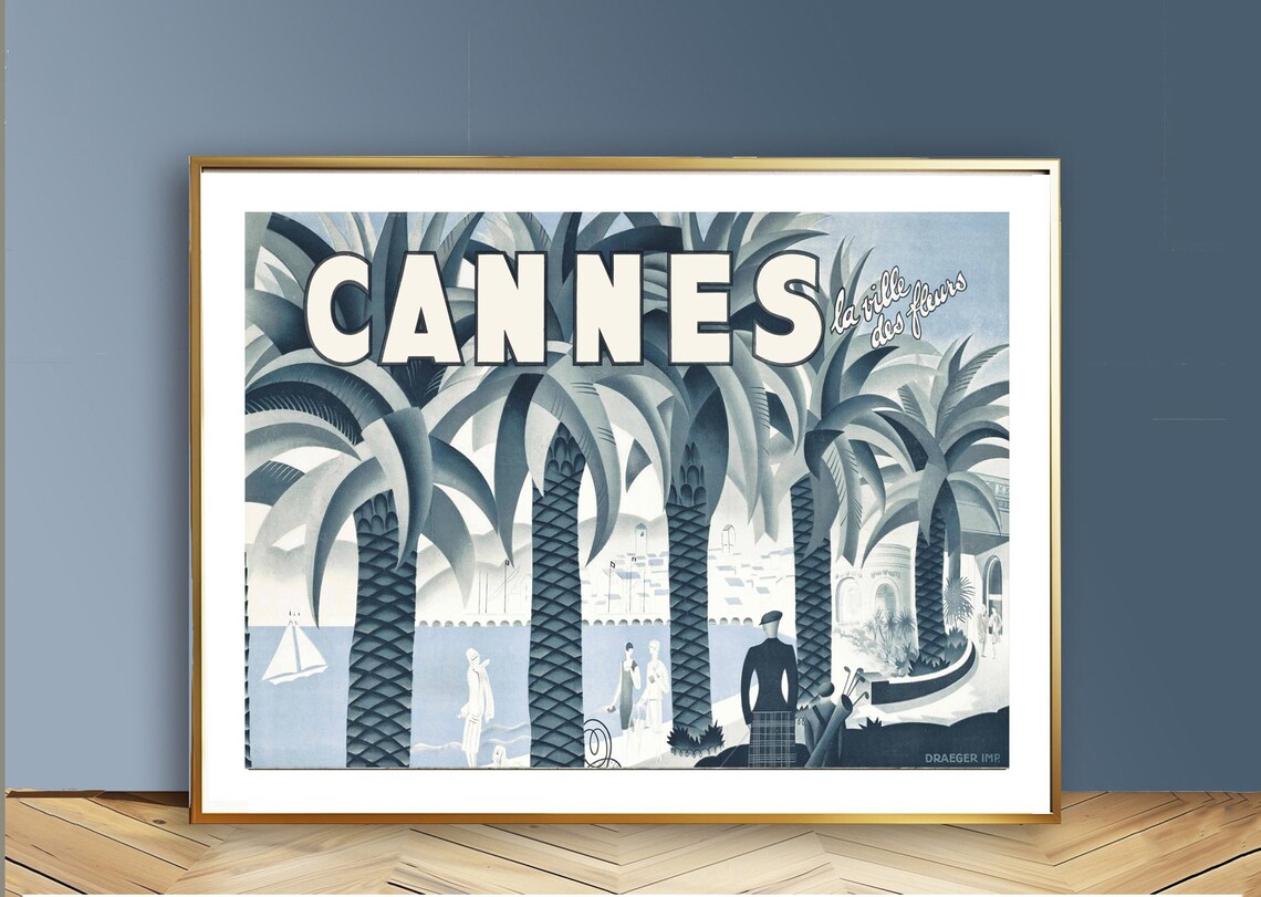 Cannes Vintage French Riviera Poster Palms Art Deco Travel Art