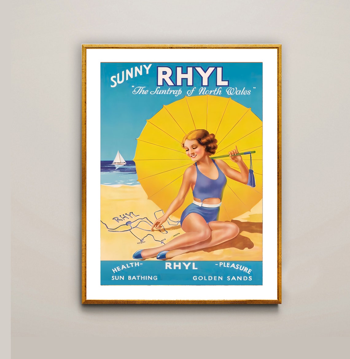 Sunny Rhyl The Suntrap Of North Wales Golden Sands Vintage Travel Poster Rhyl Beach Poster Travel Rhyl Print Wall Decor Gift Idea - Image 3
