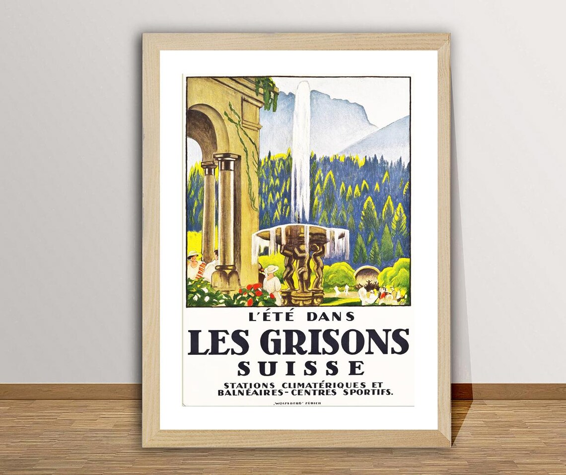 Les Grisons Suisse Grand Summer Fountain Alps Swiss Travel Poster - Image 2