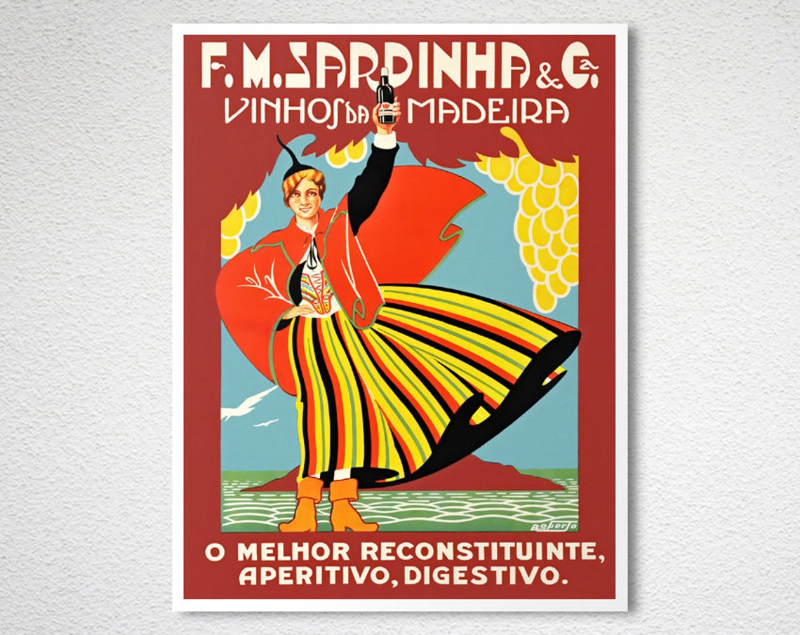 F.M. Sardinha Madeira Wine Vintage Portuguese Poster in Folk Costume - Image 2