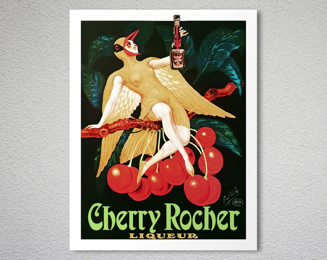 Cherry Rocher Liqueur Vintage Cherry Bird Woman Advertising Poster - Image 2