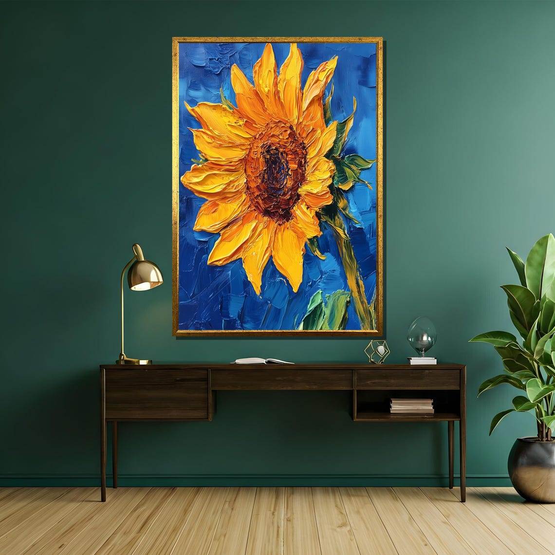Bold Yellow Sunflower Impasto Thick Paint Blue Background Poster - Image 5