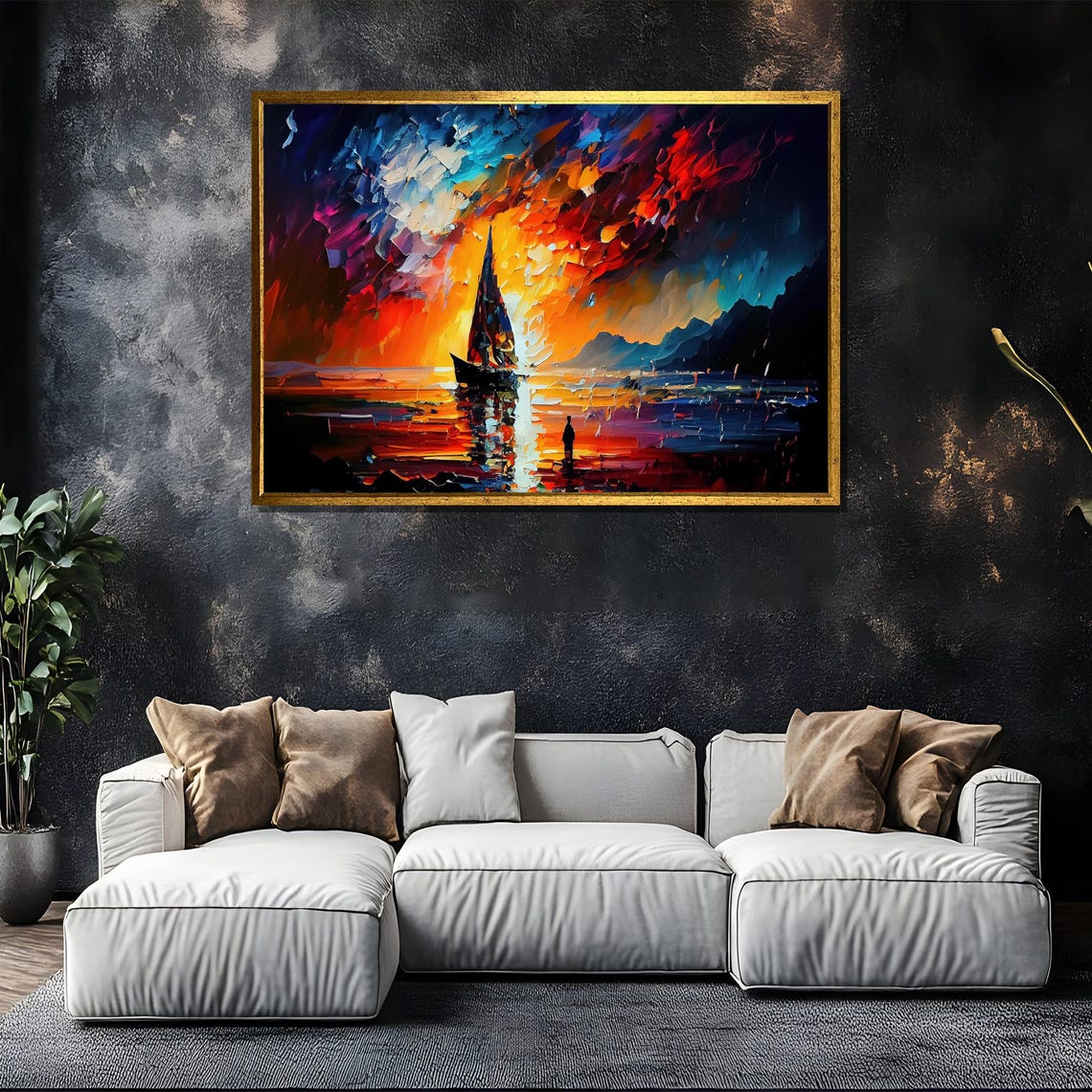 Lone Sailboat Under Fiery Red Impasto Sky Dramatic Seascape Poster - Image 5