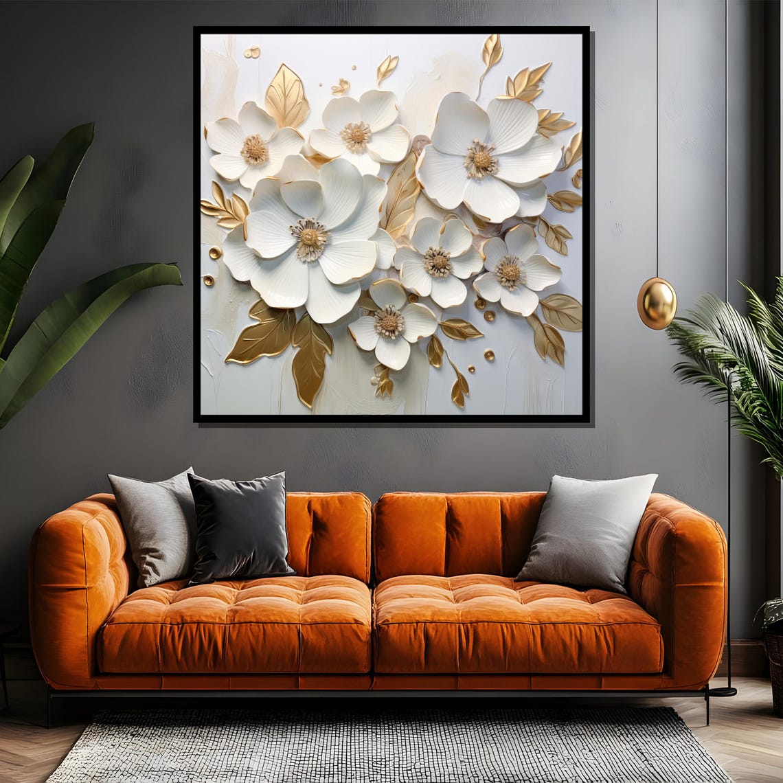 White Blossoms With Gold Outlines Elegant 3D Floral Art Poster - Image 4