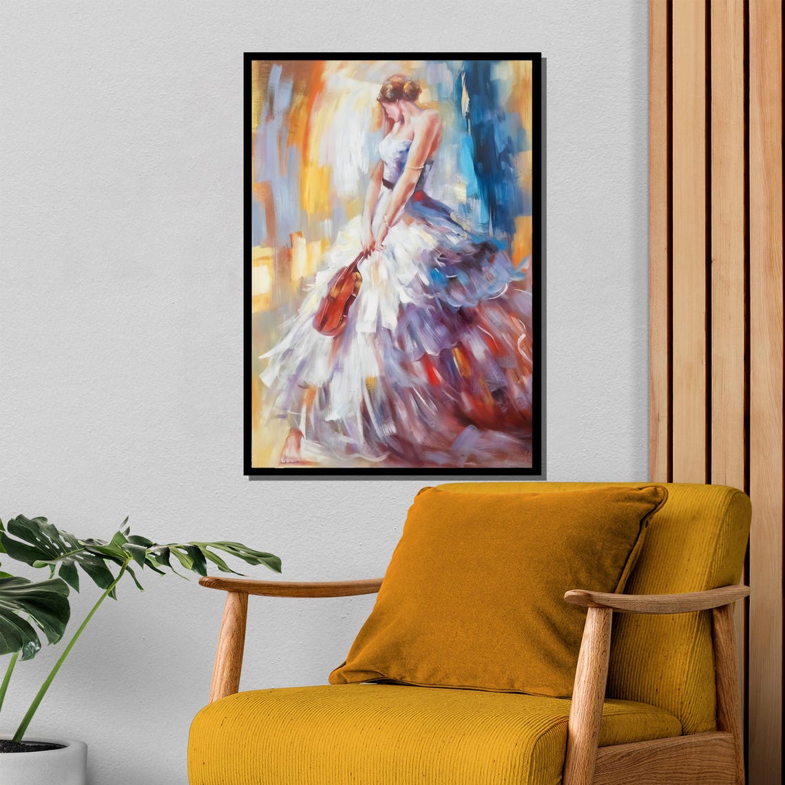 Woman in Flowing White Dress Holding Violin Colorful Music Art Poster - Image 4