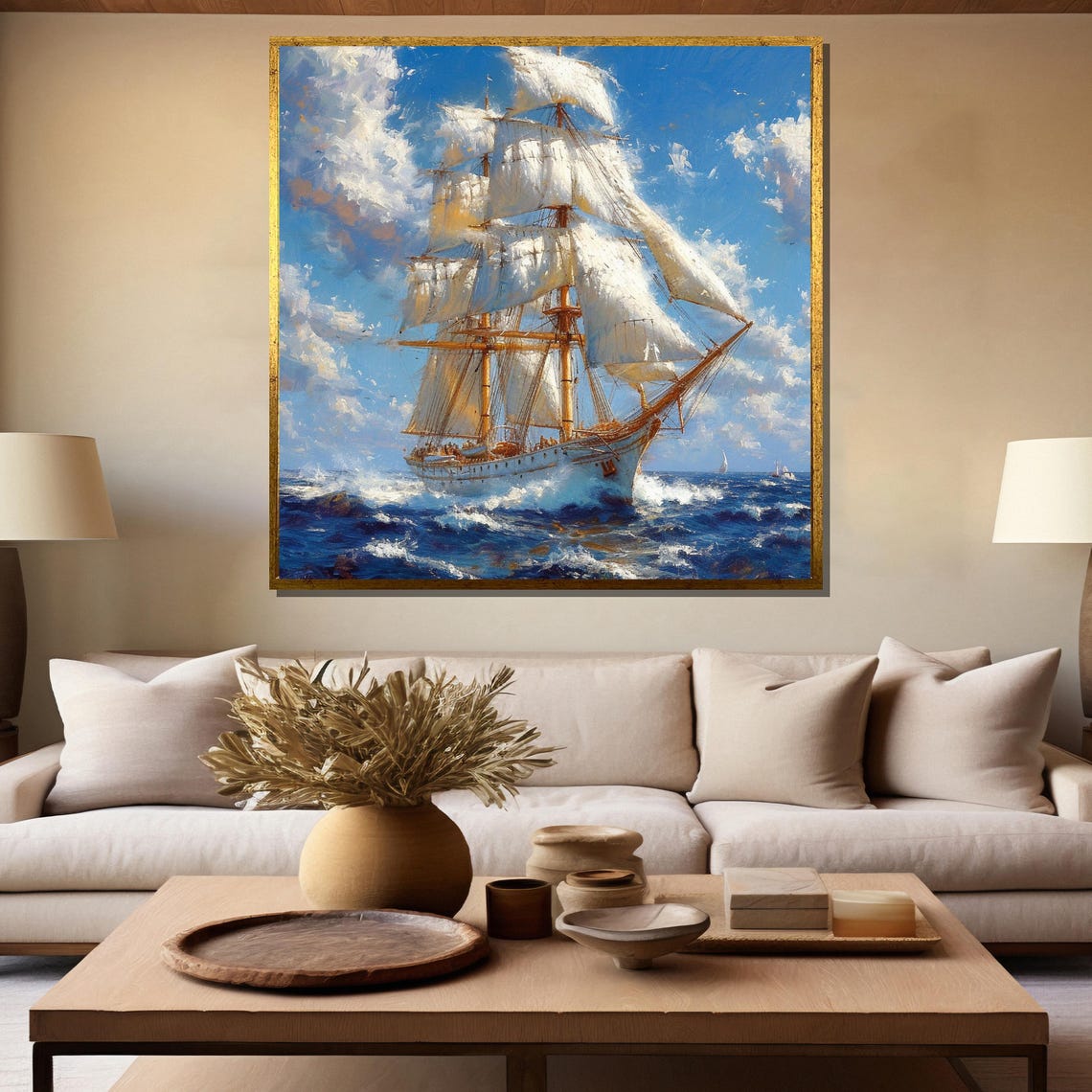 Tall Ship Full Sails Open Ocean Blue Sea Painting Canvas Poster - Image 5