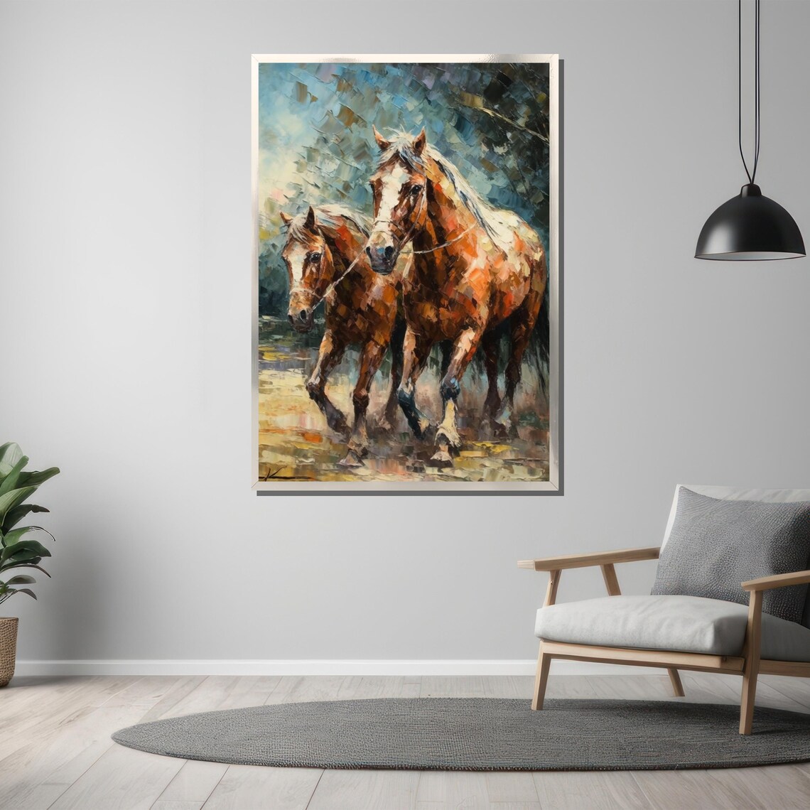 Two Chestnut Horses Running Together Textured Oil Art Poster - Image 3