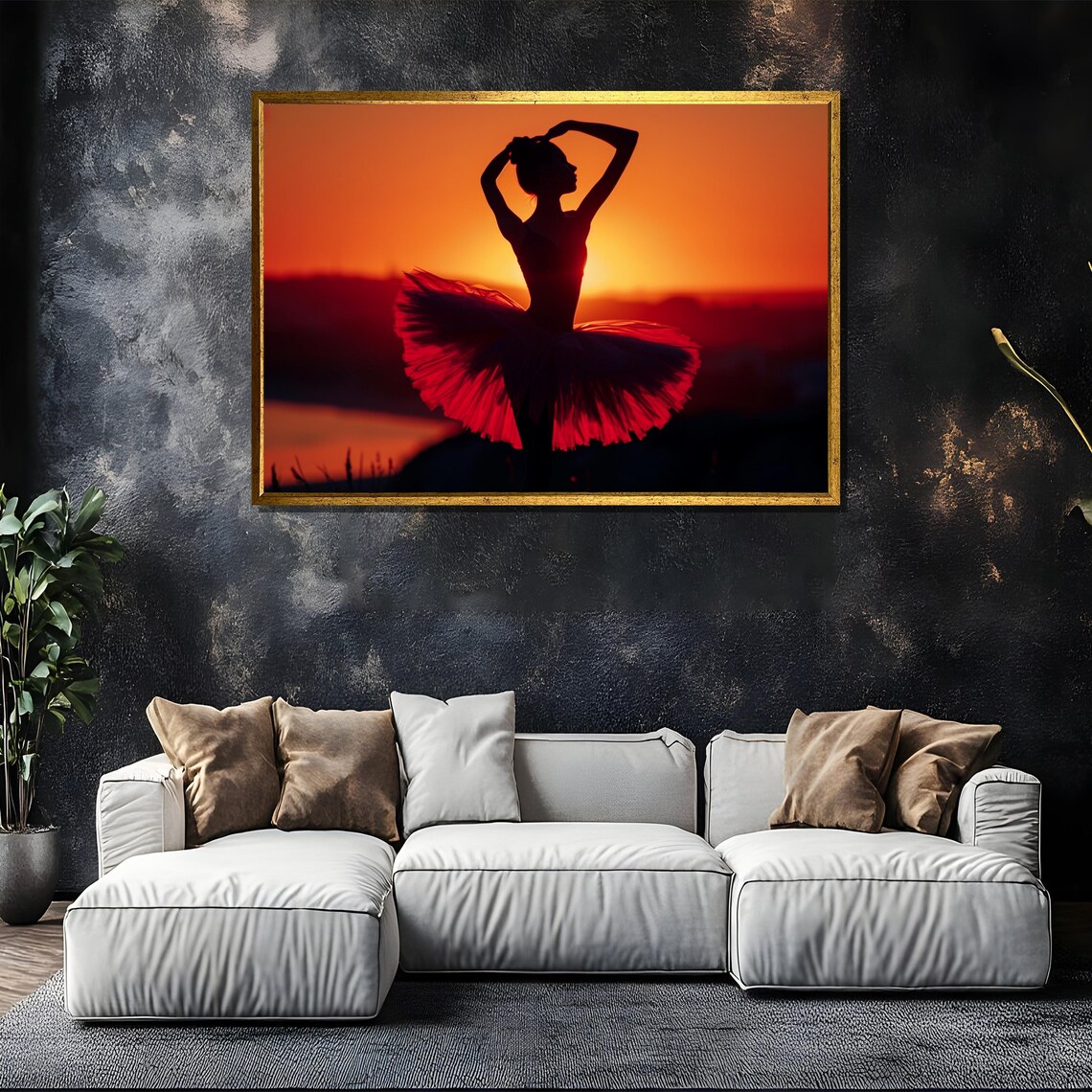 Ballerina Silhouette in Red Tutu Against Sunset Sky Photo Poster - Image 5