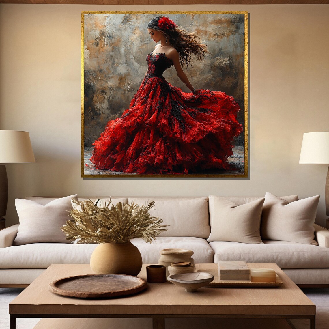 Elegant Flamenco Lady in Flowing Red Ruffles Rose Hair Art Poster - Image 5