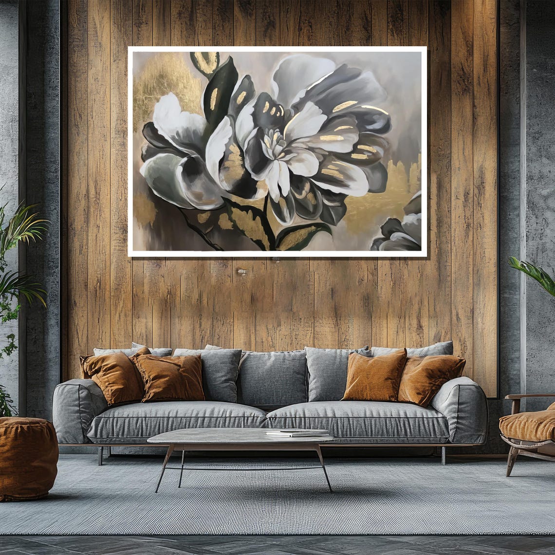 Monochrome Magnolia Bloom with Gold Accents in a Modern Floral Poster - Image 2