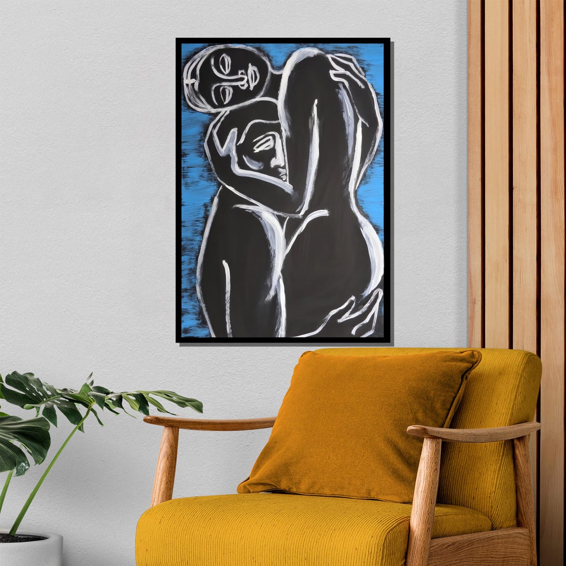 Minimalist Blue And Black Abstract Embrace With White Line Art Poster - Image 4