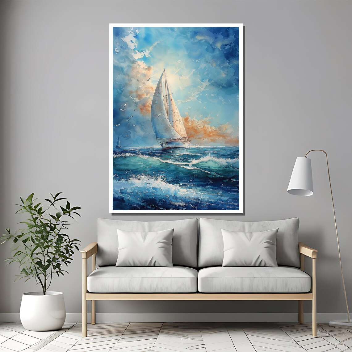 Sailboat Gliding Over Deep Blue Ocean Waves Watercolor Painting Poster - Image 2