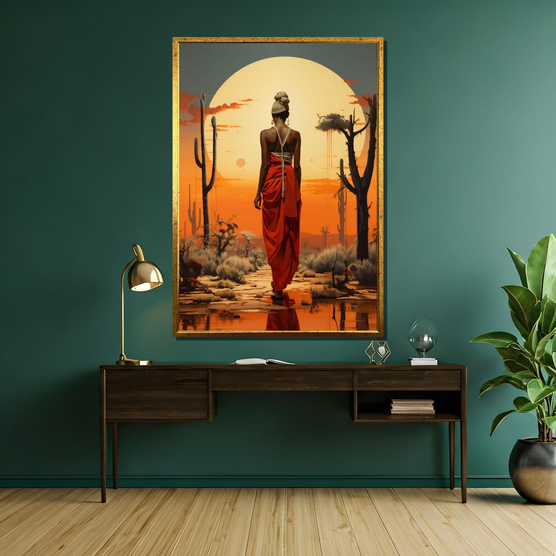Desert Sunset Woman Walking Toward Giant Golden Sun Art Poster - Image 5