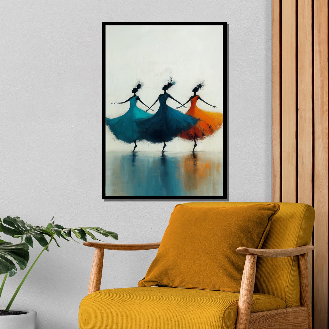 Three Dancers in Teal Orange Dresses Elegant Dance Art Poster - Image 4
