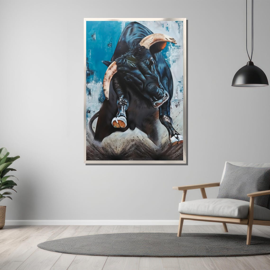 Charging Black Bull Painting Bold Turquoise Wildlife Art Poster - Image 3