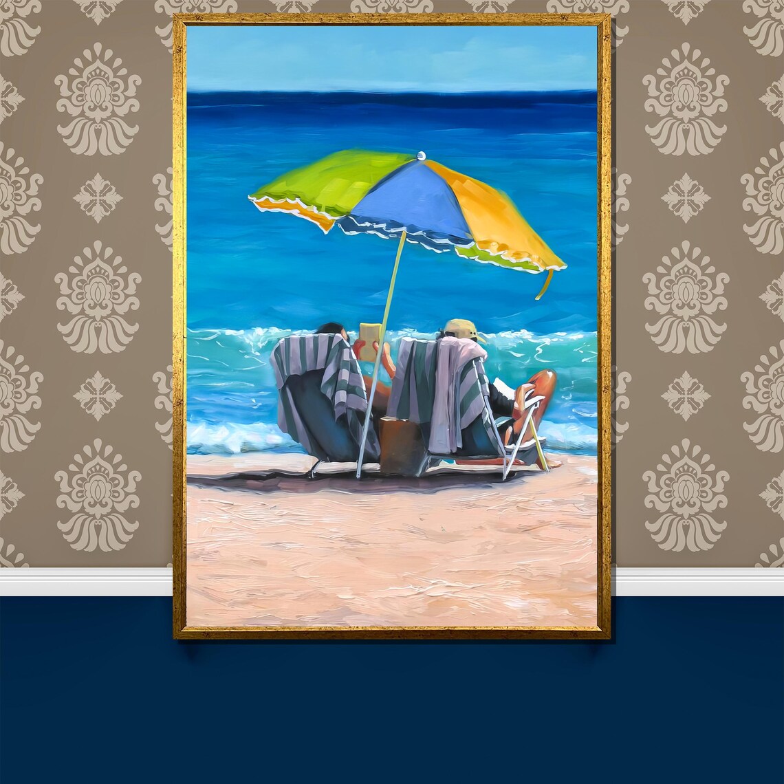 Couple Relaxing Under Beach Umbrella on Sunny Shore Painting Poster