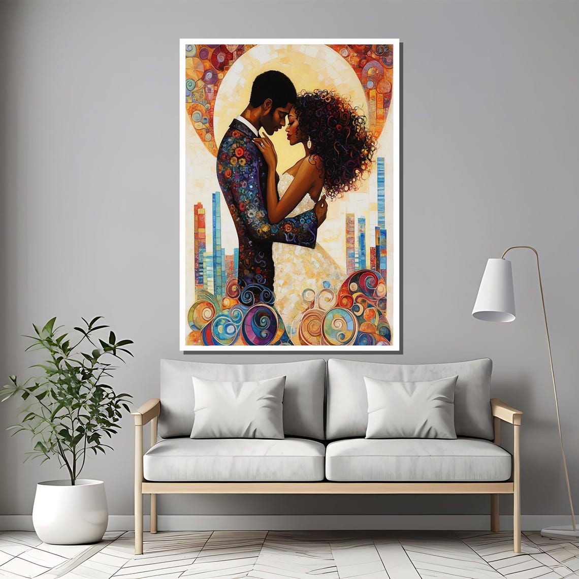 Black Couple Embracing Before A Colorful Mosaic City Skyline Poster - Image 2
