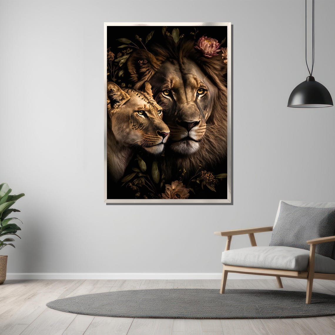 Lion And Lioness Portrait Framed By Dark Blooming Flowers Poster - Image 3