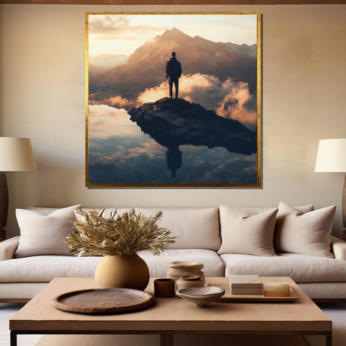 Mountain Explorer Painting Adventure Landscape Art Traveler At Sunset Nature Reflection Wall Decor Gift For Hikers - Image 5