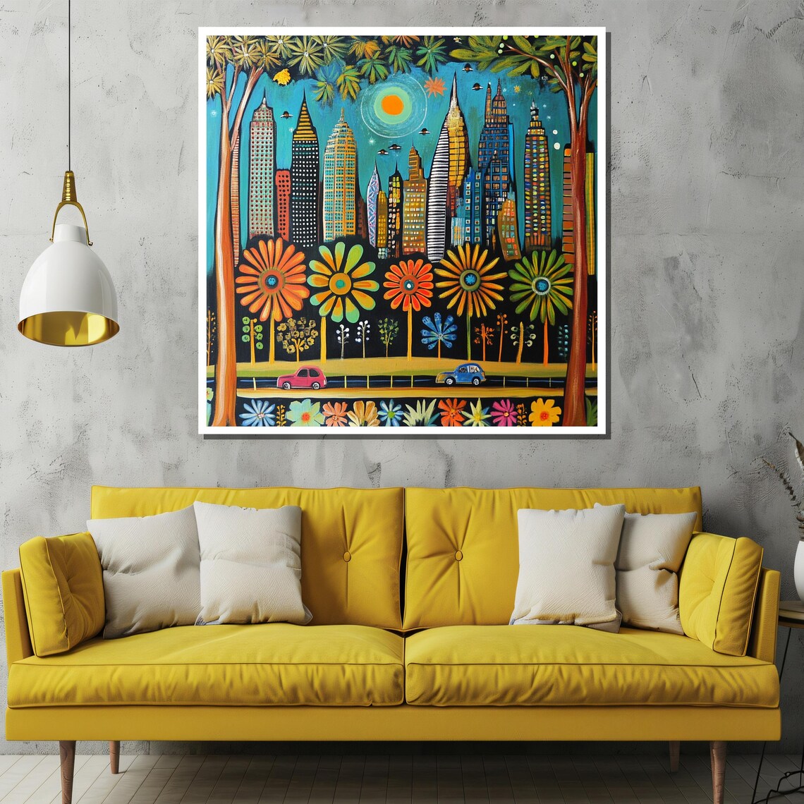 Colorful Whimsical City Skyline Flowers Folk Art Painting Poster - Image 3