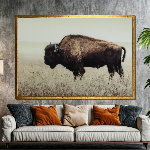 American Bison in Misty Prairie Wildlife Photography Art Poster