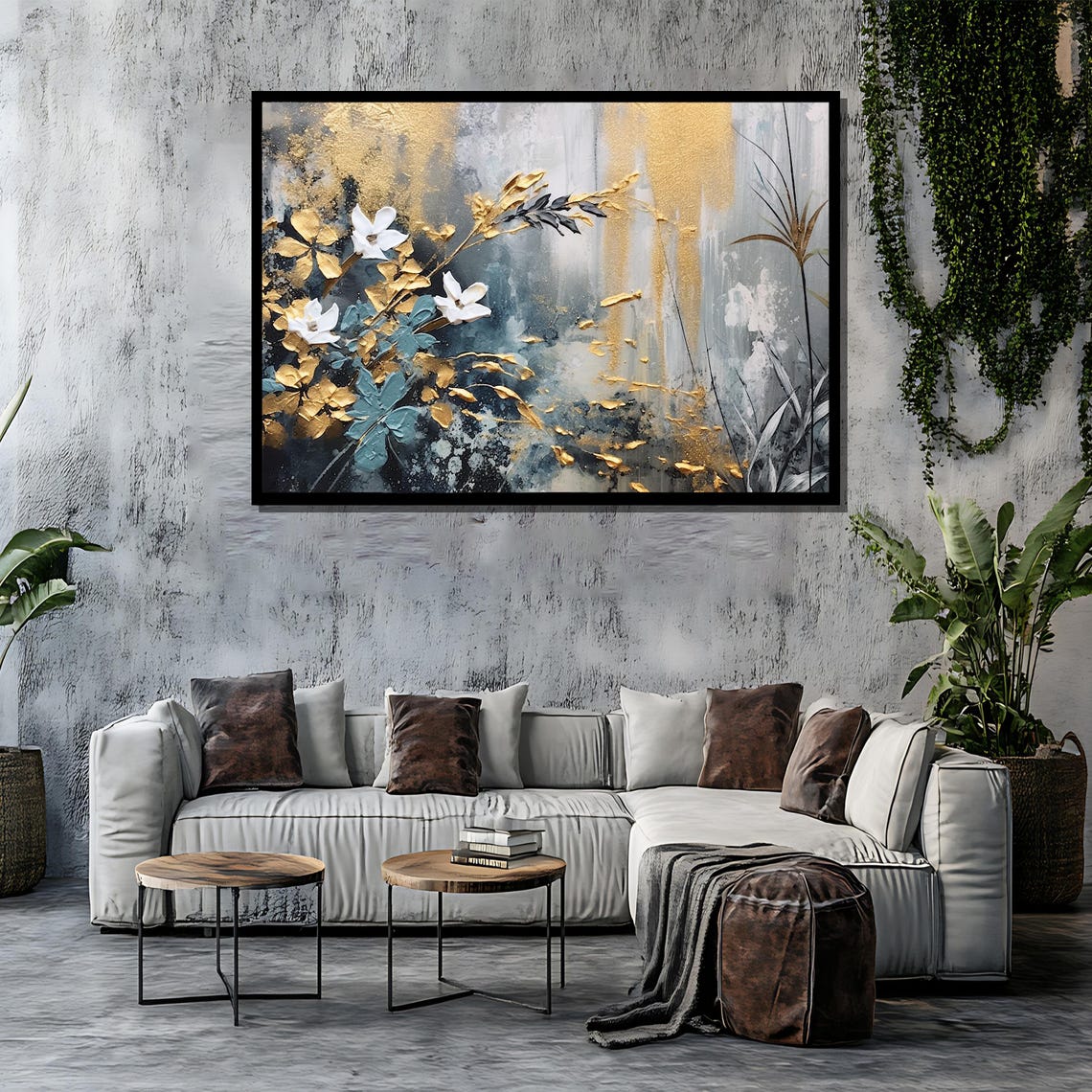 Abstract White Blossom and Gold Leaf Painting on Midnight Blue Poster - Image 4