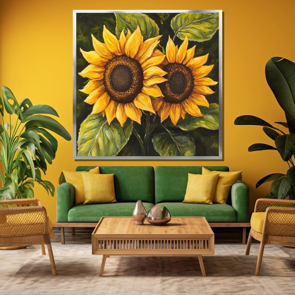 Twin Sunflowers With Green Leaves Cheerful Floral Art Poster - Image 3