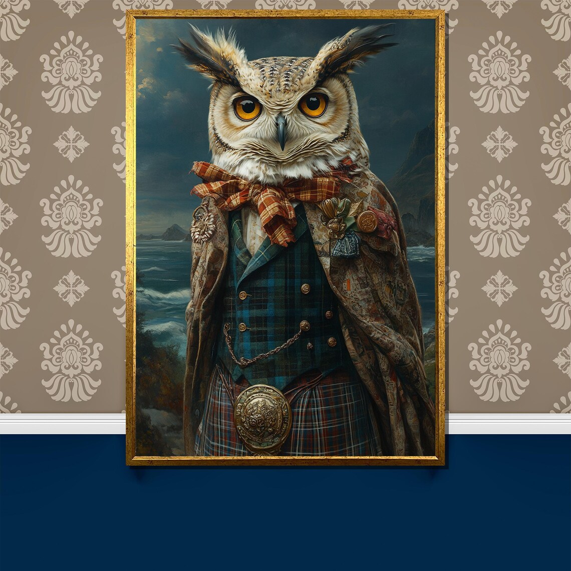 Scottish Owl in Tartan Kilt by the Coastline Portrait Poster